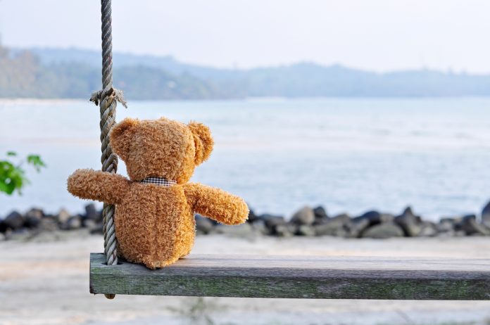Teddy,Bear,Sitting,On,The,Wooden,Swing,With,Blue,Sea