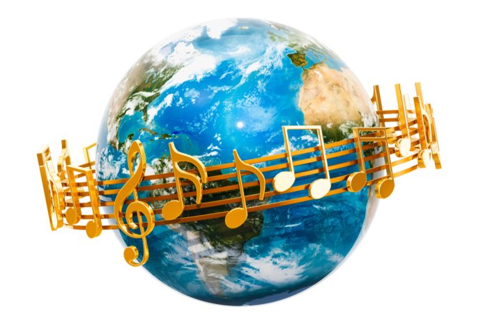 Earth,Globe,With,Musical,Notes,Around,,3d,Rendering,Isolated,On