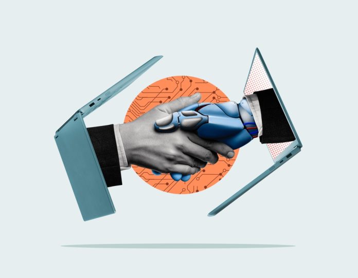 Handshake,Of,Man,And,Robot.,Modern,Technologies.,Art,Collage. Acemoğlu: Yapay zekâ yutturmacasına inanmayın