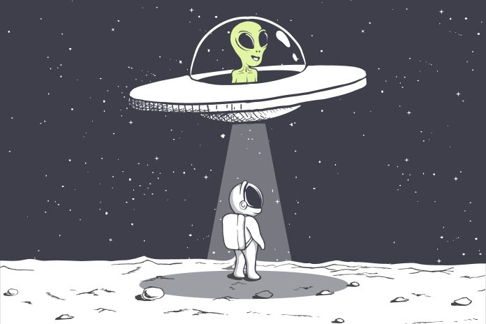 An,Alien,Abducts,An,Astronaut,On,Moon.cosmic,Friends.vector,Illustration Uzaylı hayatı şaka değil