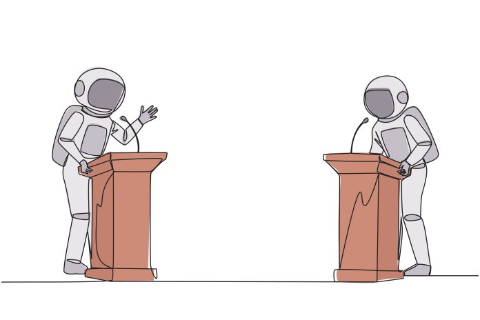 Single,Continuous,Line,Drawing,Two,Astronauts,Arguing,On,The,Podium. Yeni bir uzay antlaşması zorunlu hale geldi