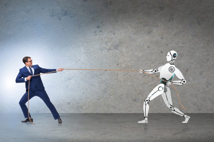 Competition,Between,Humans,And,Robots,In,Tug,Of,War,Concept yapay zeka