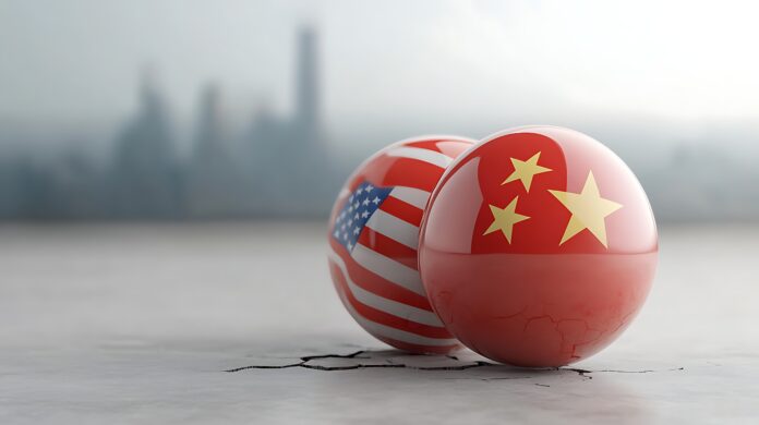 Diplomatic relationship concept with two glossy balls featuring flags of United States and China on a marble surface